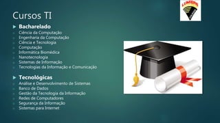 Cursos TI
 Bacharelado
o Ciência da Computação
o Engenharia da Computação
o Ciência e Tecnologia
o Computação
o Informática Biomédica
o Nanotecnologia
o Sistemas de Informação
o Tecnologias da Informação e Comunicação
 Tecnológicas
o Análise e Desenvolvimento de Sistemas
o Banco de Dados
o Gestão da Tecnologia da Informação
o Redes de Computadores
o Segurança da Informação
o Sistemas para Internet
 