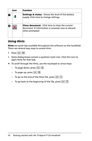 10 Getting started with the TI-Nspire™ CX handheld
Using Hints
Hints are quick tips available throughout the software on the handheld.
There are several easy ways to access Hints:
• Press / μ.
• Some dialog boxes contain a question mark icon. Click this icon to
open Hints for that task.
To scroll through the Hints, use the touchpad or arrow keys:
– To page down, press / 3.
– To page up, press / 9.
– To go to the end of the Hints file, press / 1.
– To go back to the beginning of the file, press / 7.
Æ Settings & status - Shows the level of the battery
supply. Click here to change settings.
Ç Close document - Click here to close the current
document. If information is unsaved, save or discard
when prompted.
Icon Function
 