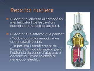 El reactor nuclear és el component més important de les centrals nuclears i constitueix el seu nucli. El reactor és el sistema que permet: - Produir i controlar reaccions en cadena sostingudes:  - Fa possible l’aprofitament de l’energia tèrmica obtinguda per a l’obtenció de vapor d’aigua que acciona la turbina solidària al generador elèctric.  