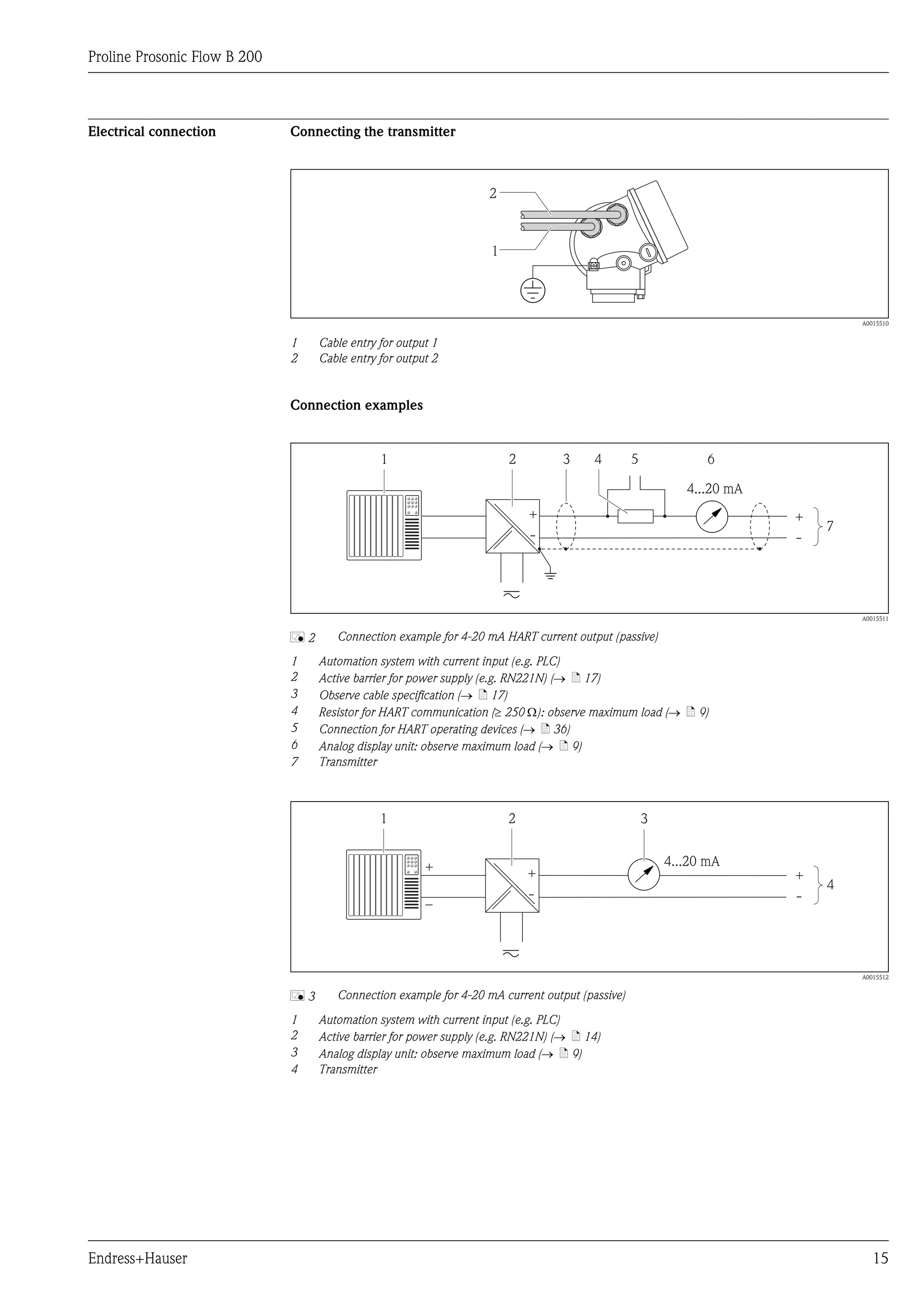 Proline Prosonic Flow B 200



Electrical connection         Connecting the transmitter



                                                                   2



                                                                    1




                                                                                                                               A0015510


                              1    Cable entry for output 1
                              2    Cable entry for output 2


                              Connection examples


                                               1                        2        3     4        5              6

                                                                                                           4...20 mA
                                                                            +                                          +
                                                                                                                           7
                                                                            -                                          -




                                                                                                                               A0015511


                              å2      Connection example for 4-20 mA HART current output (passive)
                              1    Automation system with current input (e.g. PLC)
                              2    Active barrier for power supply (e.g. RN221N) (® ä 17)
                              3    Observe cable specification (® ä 17)
                              4    Resistor for HART communication (³ 250 W): observe maximum load (® ä 9)
                              5    Connection for HART operating devices (® ä 36)
                              6    Analog display unit: observe maximum load (® ä 9)
                              7    Transmitter



                                               1                        2                           3


                                                        +                                               4...20 mA
                                                                            +                                          +
                                                                                                                           4
                                                                            -                                          -
                                                        –




                                                                                                                               A0015512


                              å3      Connection example for 4-20 mA current output (passive)
                              1    Automation system with current input (e.g. PLC)
                              2    Active barrier for power supply (e.g. RN221N) (® ä 14)
                              3    Analog display unit: observe maximum load (® ä 9)
                              4    Transmitter




Endress+Hauser                                                                                                                    15
 