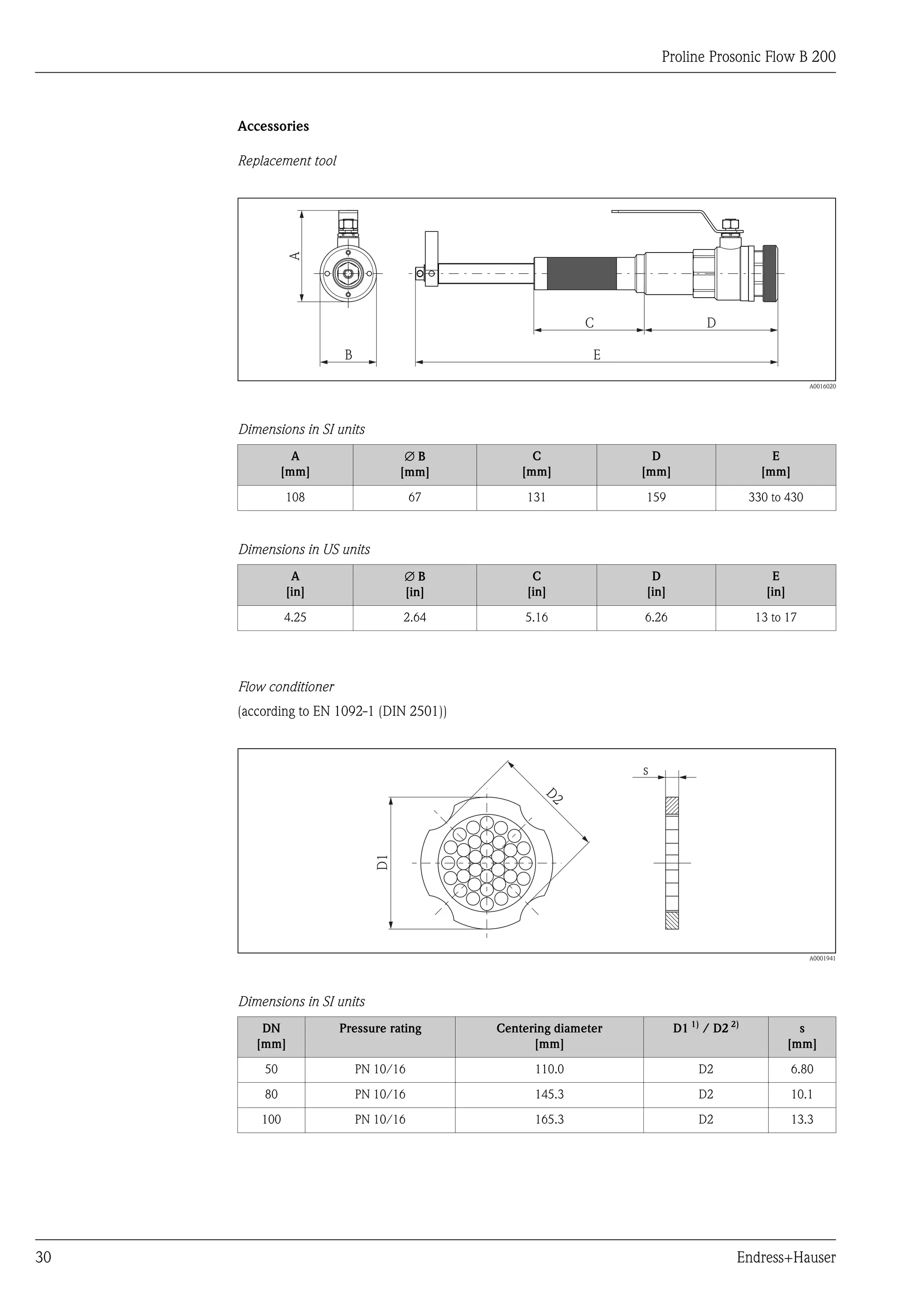 Proline Prosonic Flow B 200



     Accessories

     Replacement tool




               A

                                                           C                  D

                        B                                   E

                                                                                                     A0016020




     Dimensions in SI units
                A                    ÆB           C                D                        E
              [mm]                  [mm]        [mm]             [mm]                     [mm]

               108                     67        131             159                    330 to 430



     Dimensions in US units
                A                   ÆB            C               D                         E
               [in]                 [in]         [in]            [in]                      [in]

               4.25                 2.64        5.16             6.26                    13 to 17




     Flow conditioner
     (according to EN 1092-1 (DIN 2501))



                                                                 s
                                                    D2
                               D1




                                                                                                     A0001941




     Dimensions in SI units
         DN             Pressure rating     Centering diameter          D1 1) / D2 2)               s
        [mm]                                      [mm]                                            [mm]

         50                 PN 10/16              110.0                      D2                   6.80

         80                 PN 10/16              145.3                      D2                   10.1

         100                PN 10/16              165.3                      D2                   13.3




30                                                                                  Endress+Hauser
 
