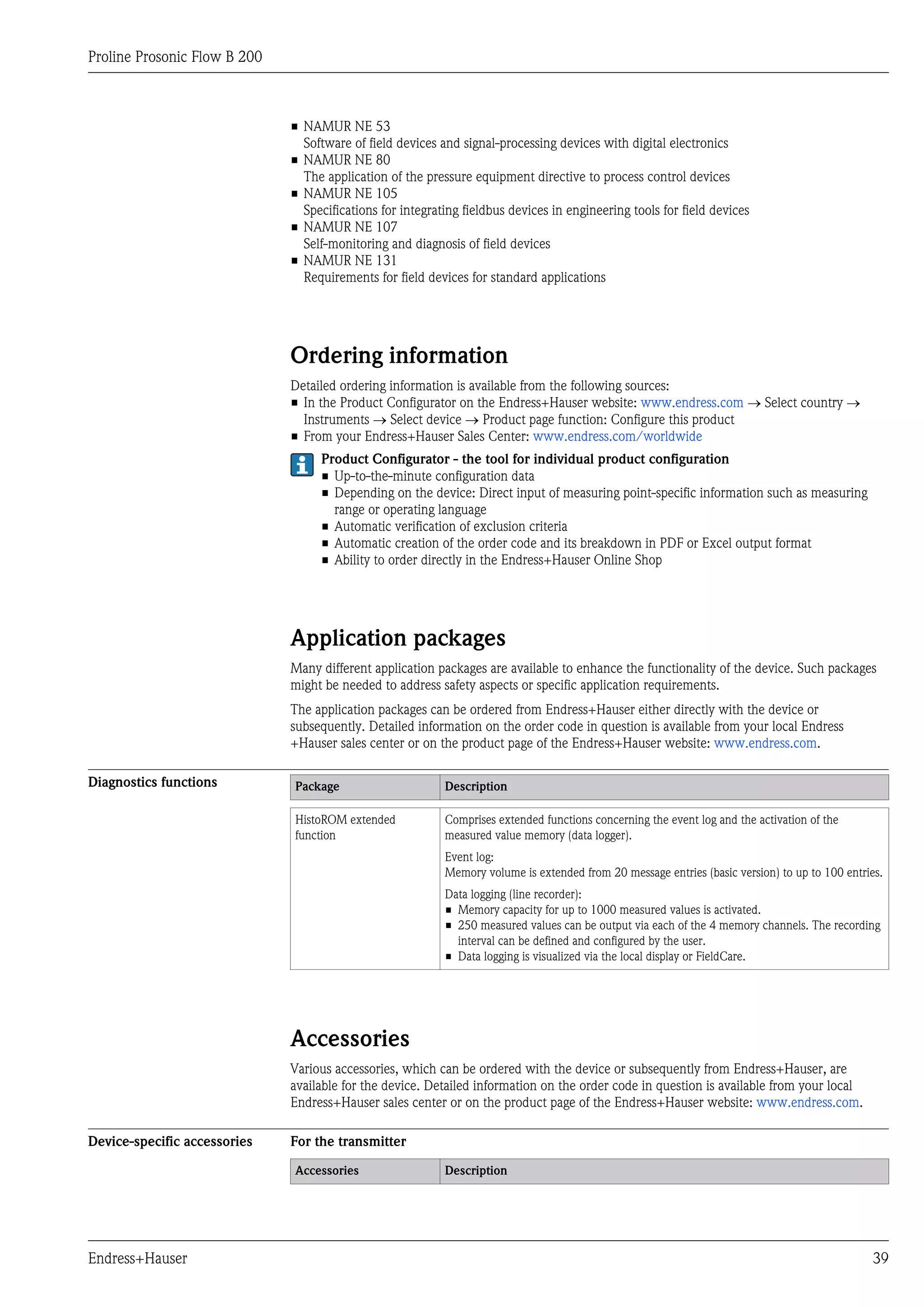 Proline Prosonic Flow B 200



                              • NAMUR NE 53
                                Software of field devices and signal-processing devices with digital electronics
                              • NAMUR NE 80
                                The application of the pressure equipment directive to process control devices
                              • NAMUR NE 105
                                Specifications for integrating fieldbus devices in engineering tools for field devices
                              • NAMUR NE 107
                                Self-monitoring and diagnosis of field devices
                              • NAMUR NE 131
                                Requirements for field devices for standard applications




                              Ordering information
                              Detailed ordering information is available from the following sources:
                              • In the Product Configurator on the Endress+Hauser website: www.endress.com ® Select country ®
                                Instruments ® Select device ® Product page function: Configure this product
                              • From your Endress+Hauser Sales Center: www.endress.com/worldwide
                                   Product Configurator - the tool for individual product configuration
                                   • Up-to-the-minute configuration data
                                   • Depending on the device: Direct input of measuring point-specific information such as measuring
                                     range or operating language
                                   • Automatic verification of exclusion criteria
                                   • Automatic creation of the order code and its breakdown in PDF or Excel output format
                                   • Ability to order directly in the Endress+Hauser Online Shop




                              Application packages
                              Many different application packages are available to enhance the functionality of the device. Such packages
                              might be needed to address safety aspects or specific application requirements.
                              The application packages can be ordered from Endress+Hauser either directly with the device or
                              subsequently. Detailed information on the order code in question is available from your local Endress
                              +Hauser sales center or on the product page of the Endress+Hauser website: www.endress.com.

Diagnostics functions         Package                      Description

                              HistoROM extended            Comprises extended functions concerning the event log and the activation of the
                              function                     measured value memory (data logger).
                                                           Event log:
                                                           Memory volume is extended from 20 message entries (basic version) to up to 100 entries.
                                                           Data logging (line recorder):
                                                           • Memory capacity for up to 1000 measured values is activated.
                                                           • 250 measured values can be output via each of the 4 memory channels. The recording
                                                             interval can be defined and configured by the user.
                                                           • Data logging is visualized via the local display or FieldCare.




                              Accessories
                              Various accessories, which can be ordered with the device or subsequently from Endress+Hauser, are
                              available for the device. Detailed information on the order code in question is available from your local
                              Endress+Hauser sales center or on the product page of the Endress+Hauser website: www.endress.com.

Device-specific accessories   For the transmitter

                              Accessories                  Description




Endress+Hauser                                                                                                                                 39
 