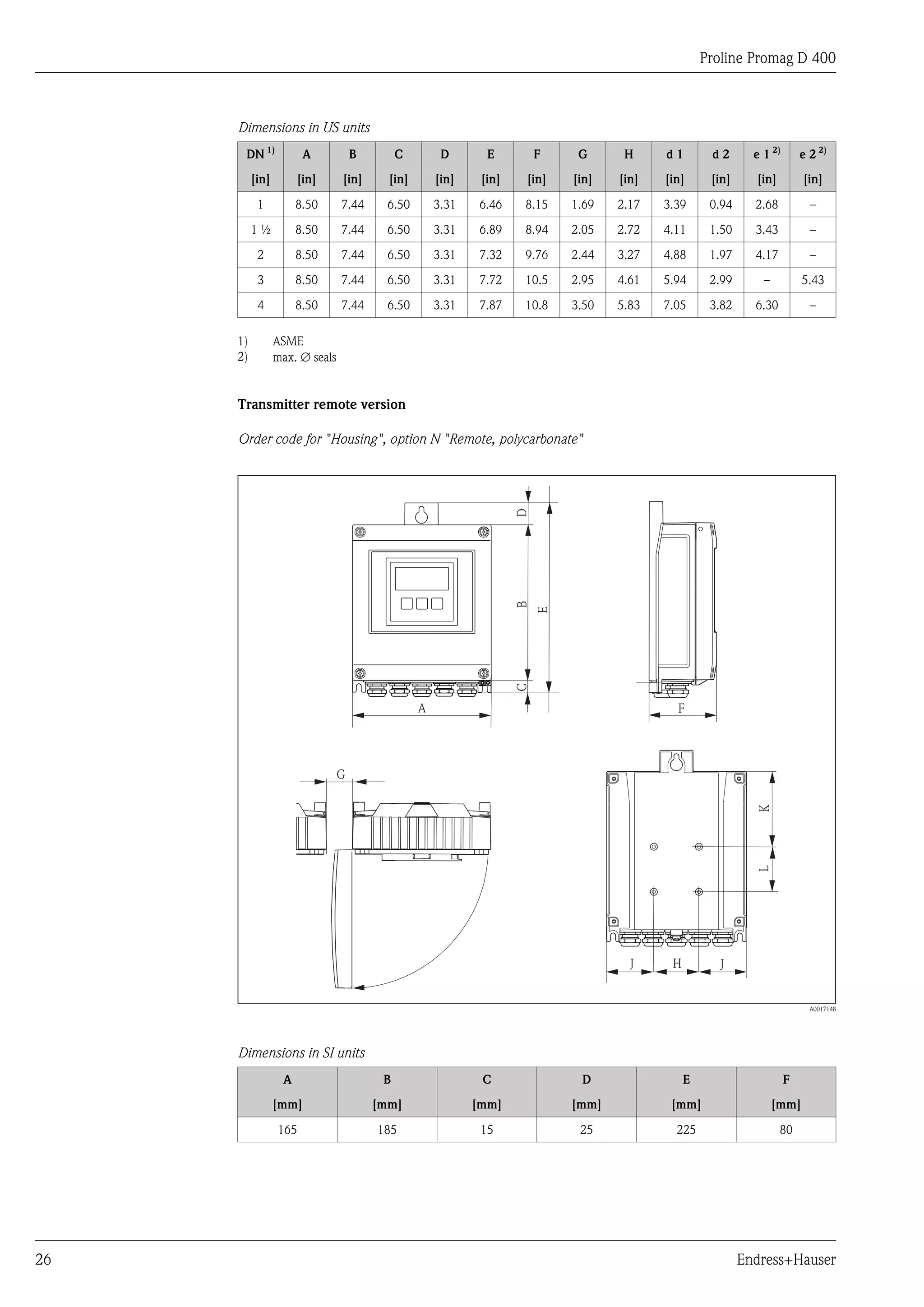 Proline Promag D 400



     Dimensions in US units
      DN 1)            A         B          C        D       E         F    G      H     d1        d2       e 1 2)       e 2 2)

          [in]        [in]      [in]     [in]       [in]    [in]   [in]    [in]   [in]   [in]      [in]     [in]         [in]

           1          8.50      7.44     6.50       3.31    6.46   8.15    1.69   2.17   3.39      0.94     2.68           –

          1½          8.50      7.44     6.50       3.31    6.89   8.94    2.05   2.72   4.11      1.50     3.43           –

           2          8.50      7.44     6.50       3.31    7.32   9.76    2.44   3.27   4.88      1.97     4.17           –

           3          8.50      7.44     6.50       3.31    7.72   10.5    2.95   4.61   5.94      2.99       –          5.43

           4          8.50      7.44     6.50       3.31    7.87   10.8    3.50   5.83   7.05      3.82     6.30           –

     1)          ASME
     2)          max. Æ seals


     Transmitter remote version

     Order code for "Housing", option N "Remote, polycarbonate"




                                                                   D
                                                                   B
                                                                       E
                                                                   C




                                                A                                          F




                             G
                                                                                                             K
                                                                                                             L




                                                                                    J     H          J


                                                                                                                           A0017148




     Dimensions in SI units
                  A                     B                   C               D                 E                      F

                 [mm]                  [mm]                [mm]            [mm]           [mm]                    [mm]

                 165                   185                  15              25             225                     80




26                                                                                                        Endress+Hauser
 