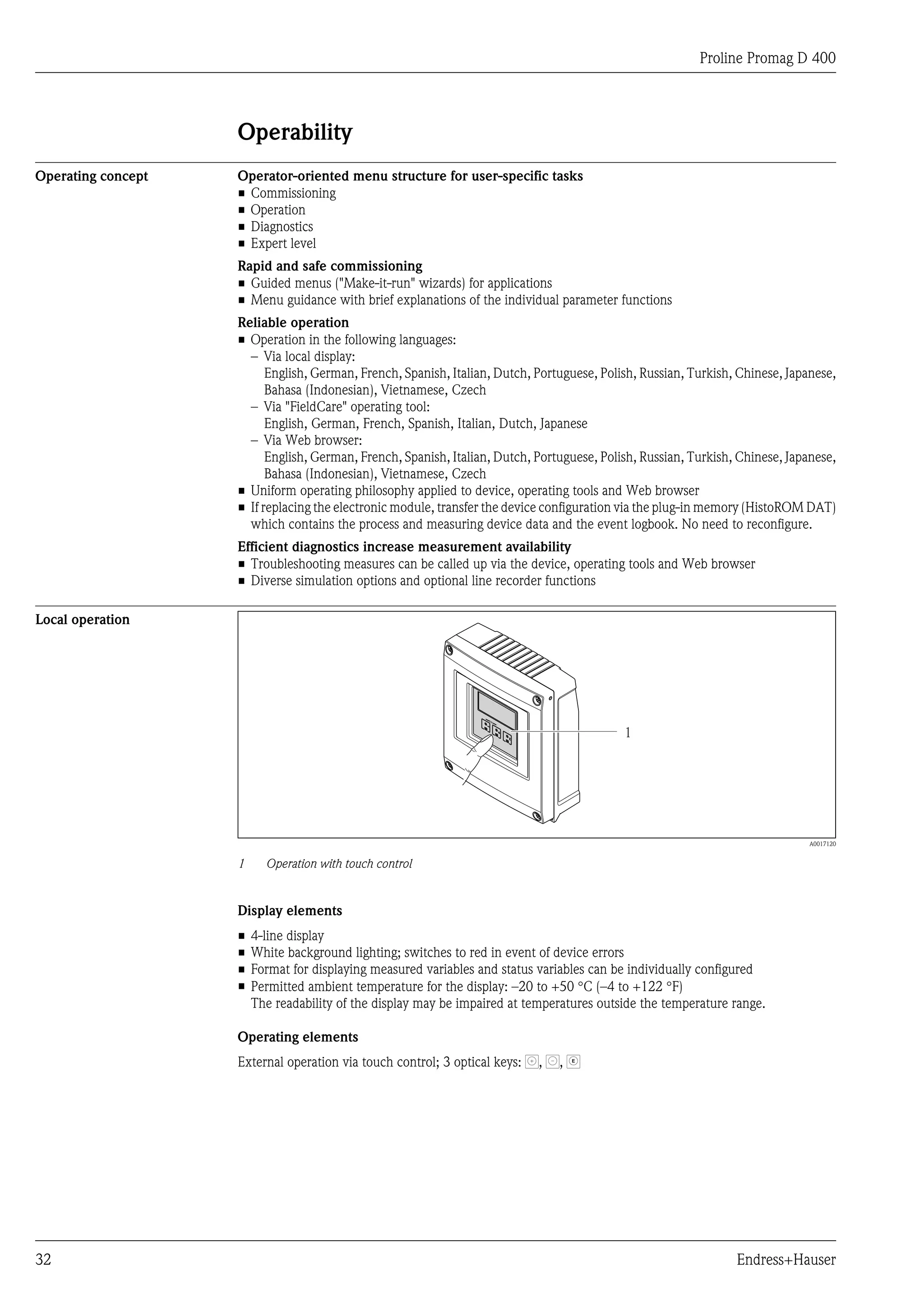 Proline Promag D 400



                    Operability
Operating concept   Operator-oriented menu structure for user-specific tasks
                    • Commissioning
                    • Operation
                    • Diagnostics
                    • Expert level
                    Rapid and safe commissioning
                    • Guided menus ("Make-it-run" wizards) for applications
                    • Menu guidance with brief explanations of the individual parameter functions
                    Reliable operation
                    • Operation in the following languages:
                      – Via local display:
                          English, German, French, Spanish, Italian, Dutch, Portuguese, Polish, Russian, Turkish, Chinese, Japanese,
                          Bahasa (Indonesian), Vietnamese, Czech
                      – Via "FieldCare" operating tool:
                          English, German, French, Spanish, Italian, Dutch, Japanese
                      – Via Web browser:
                          English, German, French, Spanish, Italian, Dutch, Portuguese, Polish, Russian, Turkish, Chinese, Japanese,
                          Bahasa (Indonesian), Vietnamese, Czech
                    • Uniform operating philosophy applied to device, operating tools and Web browser
                    • If replacing the electronic module, transfer the device configuration via the plug-in memory (HistoROM DAT)
                      which contains the process and measuring device data and the event logbook. No need to reconfigure.
                    Efficient diagnostics increase measurement availability
                    • Troubleshooting measures can be called up via the device, operating tools and Web browser
                    • Diverse simulation options and optional line recorder functions

Local operation




                                                                   ES
                                                                     C




                                                                                            1




                                                                                                                               A0017120


                    1     Operation with touch control


                    Display elements
                    •   4-line display
                    •   White background lighting; switches to red in event of device errors
                    •   Format for displaying measured variables and status variables can be individually configured
                    •   Permitted ambient temperature for the display: –20 to +50 °C (–4 to +122 °F)
                        The readability of the display may be impaired at temperatures outside the temperature range.

                    Operating elements
                    External operation via touch control; 3 optical keys:   ,   ,   E




32                                                                                                               Endress+Hauser
 