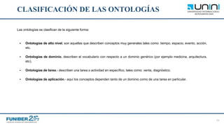 CLASIFICACIÓN DE LAS ONTOLOGÍAS
Las ontologías se clasifican de la siguiente forma:
▪ Ontologías de alto nivel, son aquellas que describen conceptos muy generales tales como: tiempo, espacio, evento, acción,
etc.
▪ Ontologías de dominio, describen el vocabulario con respecto a un dominio genérico (por ejemplo medicina, arquitectura,
etc).
▪ Ontologías de tarea.- describen una tarea o actividad en específico, tales como: venta, diagnóstico.
▪ Ontologías de aplicación.- aquí los conceptos dependen tanto de un dominio como de una tarea en particular.
11
 