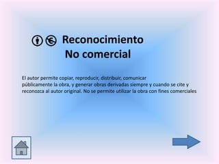 Reconocimiento
No comercial
El autor permite copiar, reproducir, distribuir, comunicar
públicamente la obra, y generar obras derivadas siempre y cuando se cite y
reconozca al autor original. No se permite utilizar la obra con fines comerciales
 