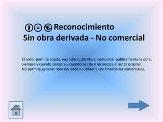 Reconocimiento
Sin obra derivada - No comercial
El autor permite copiar, reproducir, distribuir, comunicar públicamente la obra,
siempre y cuando siempre y cuando se cite y reconozca al autor original.
No permite generar obra derivada ni utilizarla con finalidades comerciales.
 
