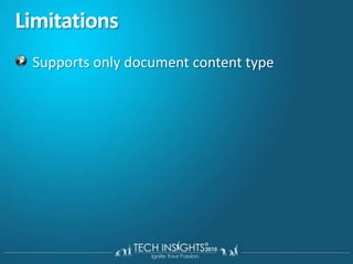 Content organizerUsers typically need a good understanding of the site / library structure to know where to save documentsContent organizer - users upload to sitesRouting rules will determine where the document is savedRouting rules defined by site administrators