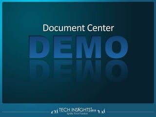 Document Center:Scenario OverviewContentReasonably large number of documents (500-500,000)Active – still being Authored AND ConsumedTypical examplesRFP response library for a global sales forceSpec library for and engineering teamBrand image repository for a marketing teamContractsConsulting engagementsManagementUsually has a “content steward” defining the library structure, metadata, templates, business process, etc.Note:  Nothing you can’t do in a team collab site!
