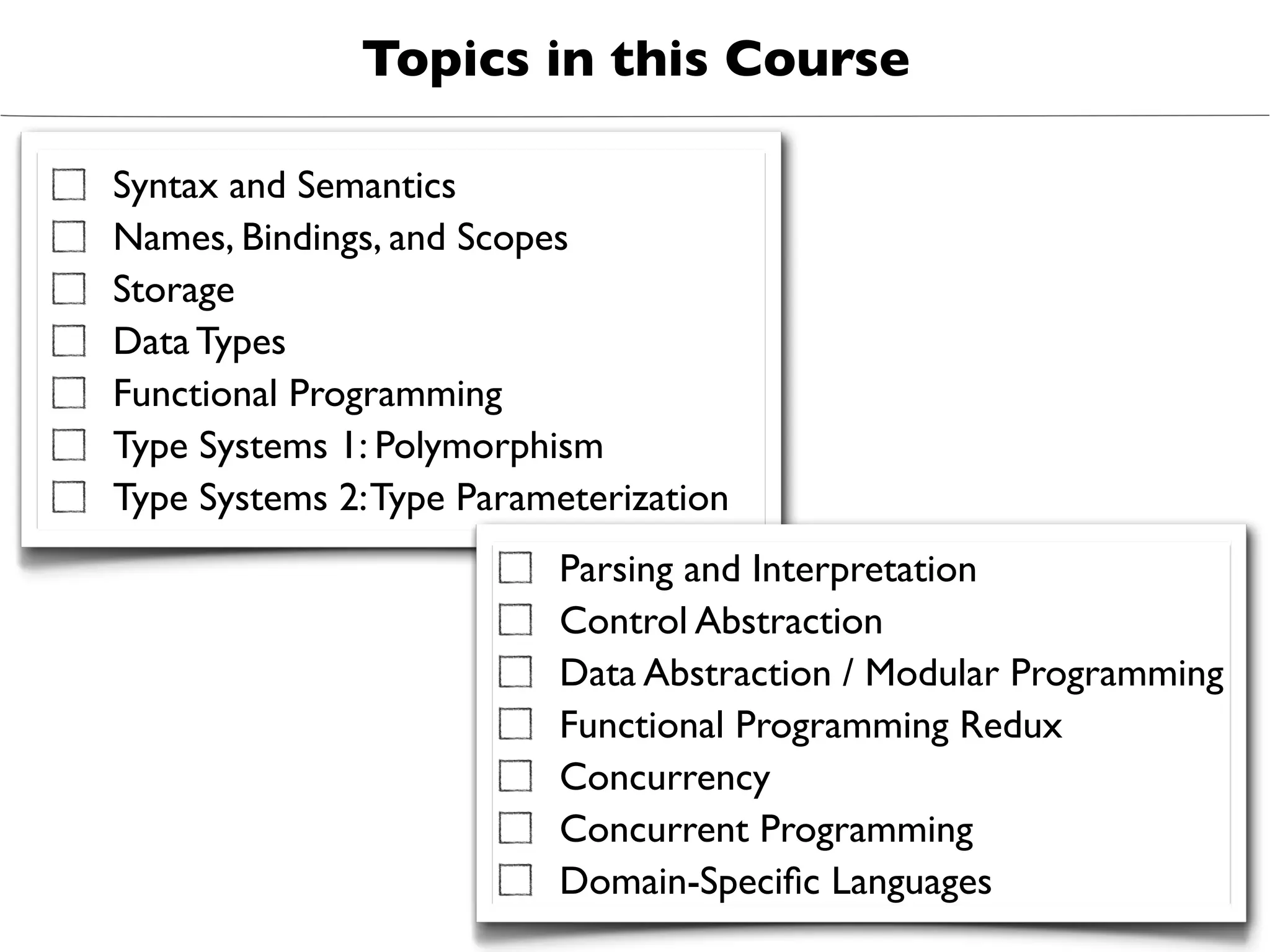 Topics in this Course

Syntax and Semantics
Names, Bindings, and Scopes
Storage
Data Types
Functional Programming
Type Systems 1: Polymorphism
Type Systems 2: Type Parameterization
                          Parsing and Interpretation
                          Control Abstraction
                          Data Abstraction / Modular Programming
                          Functional Programming Redux
                          Concurrency
                          Concurrent Programming
                          Domain-Speciﬁc Languages
 