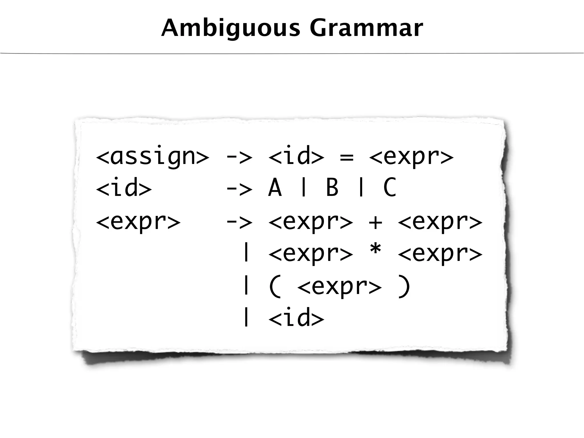 Ambiguous Grammar




<assign> -> <id> = <expr>
<id>     -> A | B | C
<expr>   -> <expr> + <expr>
          | <expr> * <expr>
          | ( <expr> )
          | <id>
 