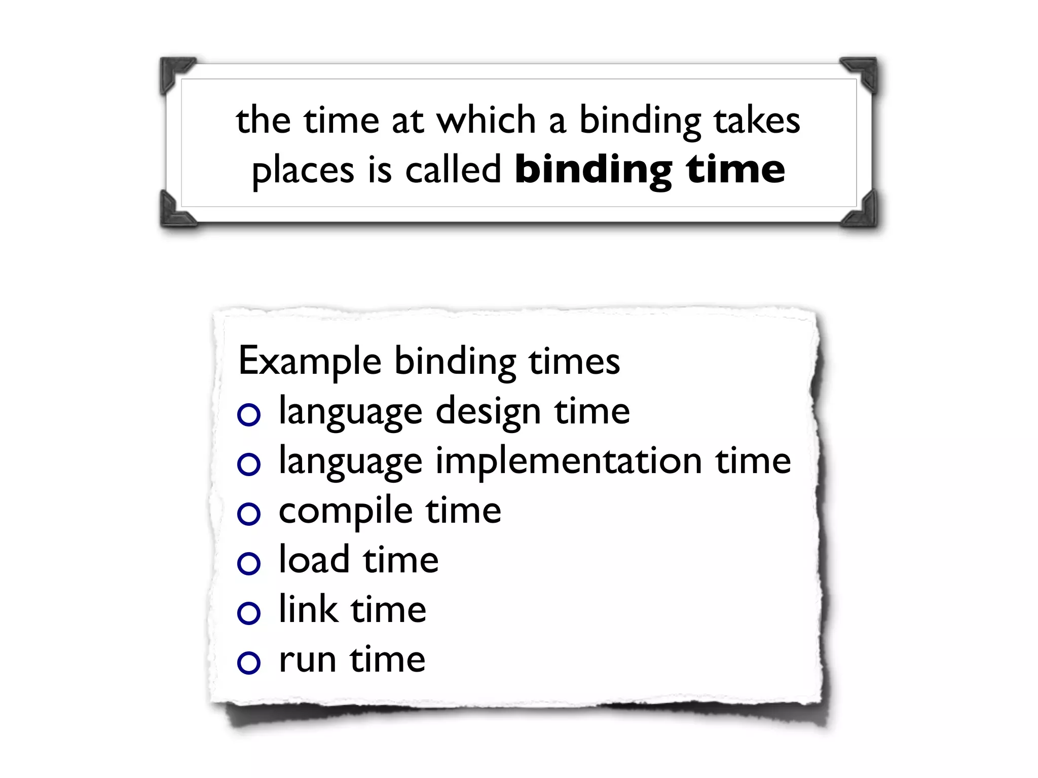 the time at which a binding takes
 places is called binding time



Example binding times
  language design time
  language implementation time
  compile time
  load time
  link time
  run time
 