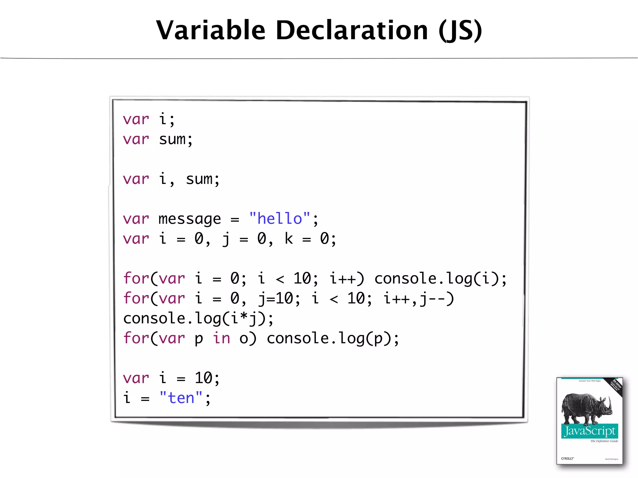 Variable Declaration (JS)


var i;
var sum;

var i, sum;

var message = "hello";
var i = 0, j = 0, k = 0;

for(var i = 0; i < 10; i++) console.log(i);
for(var i = 0, j=10; i < 10; i++,j--)
console.log(i*j);
for(var p in o) console.log(p);

var i = 10;
i = "ten";
 
