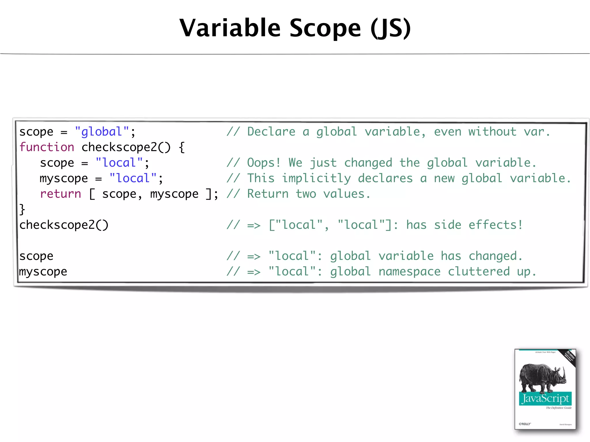 Variable Scope (JS)



scope = "global";            //   Declare a global variable, even without var.
function checkscope2() {
	 scope = "local";           //   Oops! We just changed the global variable.
	 myscope = "local";         //   This implicitly declares a new global variable.
	 return [ scope, myscope ]; //   Return two values.
}
checkscope2()                //   => ["local", "local"]: has side effects!

scope                        // => "local": global variable has changed.
myscope                      // => "local": global namespace cluttered up.
 