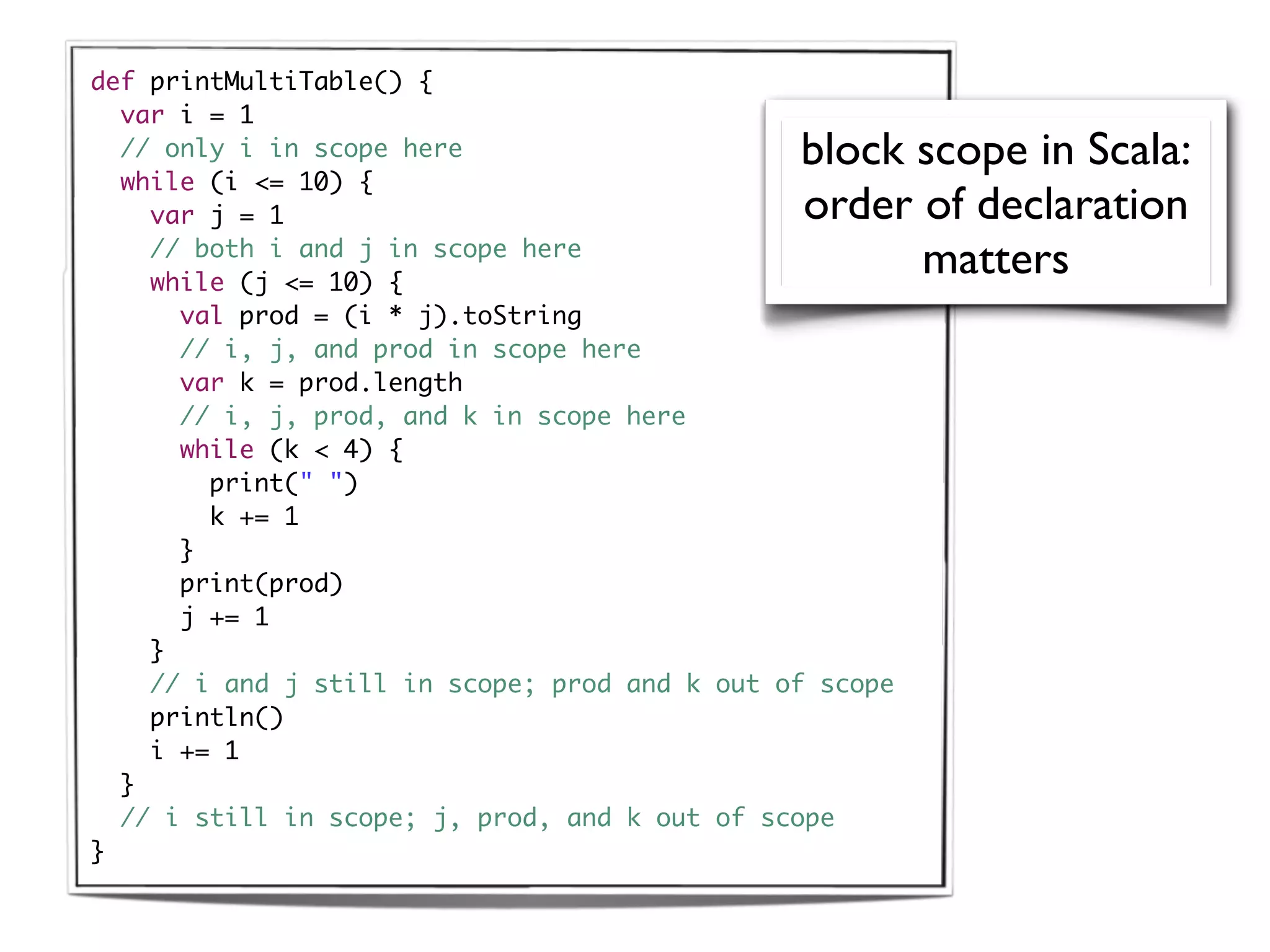 def printMultiTable() {
  var i = 1
  // only i in scope here                      block scope in Scala:
  while (i <= 10) {
    var j = 1                                  order of declaration
    // both i and j in scope here
    while (j <= 10) {
                                                     matters
      val prod = (i * j).toString
      // i, j, and prod in scope here
      var k = prod.length
      // i, j, prod, and k in scope here
      while (k < 4) {
        print(" ")
        k += 1
      }
      print(prod)
      j += 1
    }
    // i and j still in scope; prod and k out of scope
    println()
    i += 1
  }
  // i still in scope; j, prod, and k out of scope
}
 