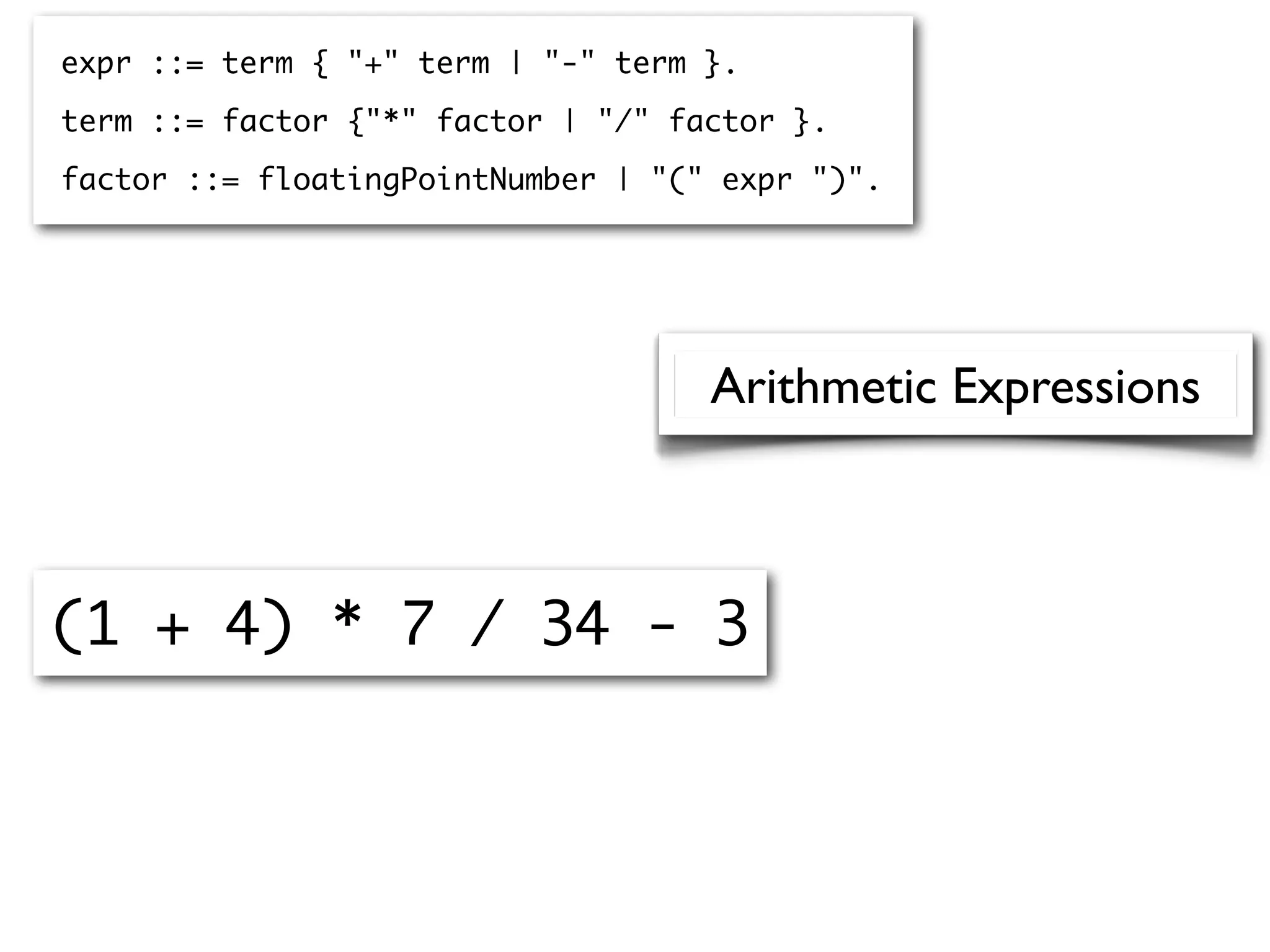 Arithmetic Expressions
(1 + 4) * 7 / 34 - 3
expr ::= term { "+" term | "-" term }.
term ::= factor {"*" factor | "/" factor }.
factor ::= floatingPointNumber | "(" expr ")".
 