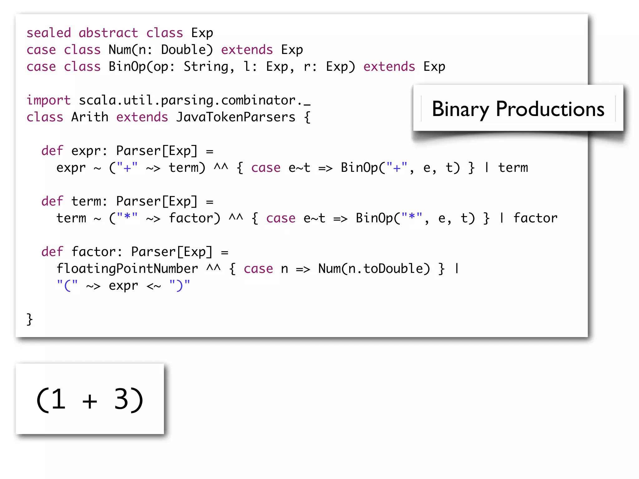 sealed abstract class Exp
case class Num(n: Double) extends Exp
case class BinOp(op: String, l: Exp, r: Exp) extends Exp
import scala.util.parsing.combinator._
class Arith extends JavaTokenParsers {
def expr: Parser[Exp] =
expr ~ ("+" ~> term) ^^ { case e~t => BinOp("+", e, t) } | term
def term: Parser[Exp] =
term ~ ("*" ~> factor) ^^ { case e~t => BinOp("*", e, t) } | factor
def factor: Parser[Exp] =
floatingPointNumber ^^ { case n => Num(n.toDouble) } |
"(" ~> expr <~ ")"
}
(1 + 3)
Binary Productions
 