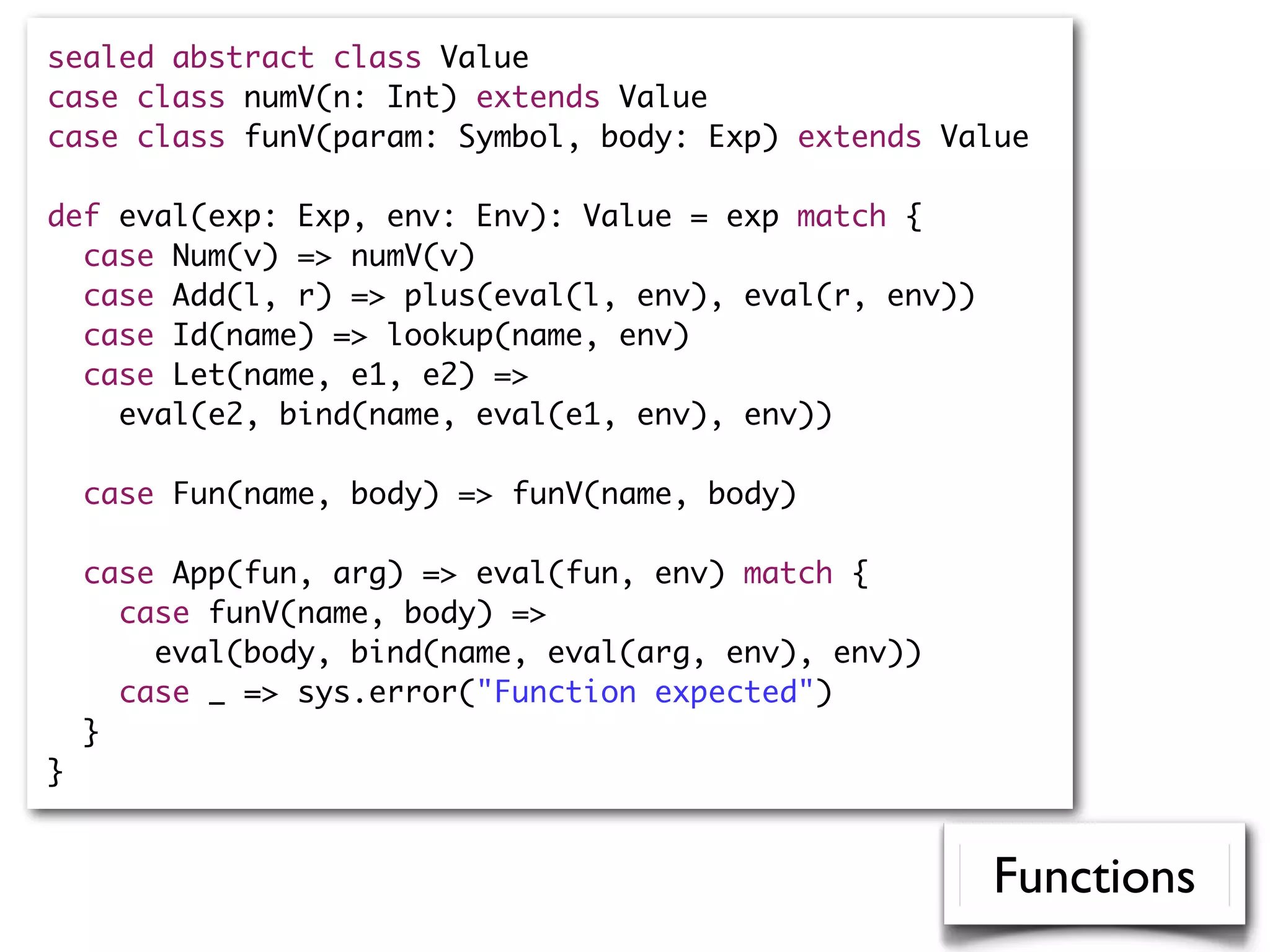 sealed abstract class Value
case class numV(n: Int) extends Value
case class funV(param: Symbol, body: Exp) extends Value
def eval(exp: Exp, env: Env): Value = exp match {
case Num(v) => numV(v)
case Add(l, r) => plus(eval(l, env), eval(r, env))
case Id(name) => lookup(name, env)
case Let(name, e1, e2) =>
eval(e2, bind(name, eval(e1, env), env))
case Fun(name, body) => funV(name, body)
case App(fun, arg) => eval(fun, env) match {
case funV(name, body) =>
eval(body, bind(name, eval(arg, env), env))
case _ => sys.error("Function expected")
}
}
Functions
 