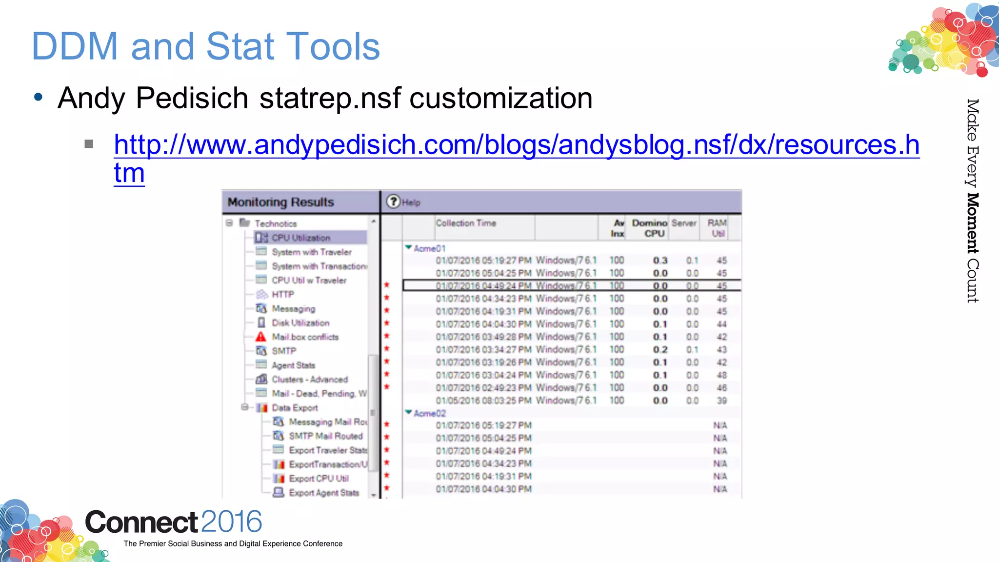 2016ConnectThe Premier Social Business and Digital Experience Conference
MakeEveryMomentCount
DDM and Stat Tools
• Andy Pedisich statrep.nsf customization
§ http://www.andypedisich.com/blogs/andysblog.nsf/dx/resources.h
tm
 