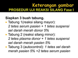 Keterangan gambarPROSEDUR UJI REAKSI SILANG Fase ISiapkan 3 buah tabung.Tabung 1(reaksi silang mayor):	2 tetes serum pasien + 1 tetes suspensi sel darah merah donor 5%Tabung 2 (reaksi silang minor): 	2 tetes plasma donor + 1 tetes suspensi sel darah merah pasien 5%Tabung 3 (autocontrol): 1 tetes sel darah merah pasien 5% +2 tetes serum pasien 