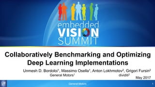 General Motors 1
Collaboratively Benchmarking and Optimizing
Deep Learning Implementations
Unmesh D. Bordoloi1, Massimo Osella1, Anton Lokhmotov2, Grigori Fursin2
May 2017
General Motors1 dividiti2
 