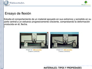 MATERIALES: TIPOS Y PROPIEDADES
Ensayo de flexión
Estudia el comportamiento de un material apoyado en sus extremos y sometido en su
parte central a un esfuerzo progresivamente creciente, comprobando la deformación
producida en él, flecha.
I
 