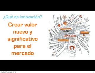 ¿Qué es innovación?
          Crear valor
            nuevo y
          significativo
             para el
            mercado

martes 31 de julio de 12   11
 