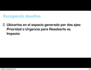 Escogiendo desafíos
   2. Ubicarlos en el espacio generado por dos ejes:
      Prioridad o Urgencia para Resolverlo vs.
      Impacto




martes 31 de julio de 12                               33
 