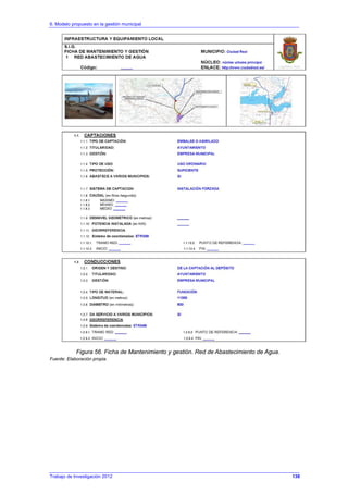 6. Modelo propuesto en la gestión municipal
Trabajo de Investigación 2012
Figura 56. Ficha de Mantenimiento y gestión. Red de Abastecimiento de Agua.
Fuente: Elaboración propia.
138
 