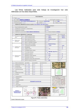 6. Modelo propuesto en la gestión municipal
Trabajo de Investigación 2012
Las fichas realizadas para este trabajo de investigación han sido
rellenadas con los datos disponibles.
Figura76. Ficha urbanística.
Fuente: Elaboración propia.
158
 