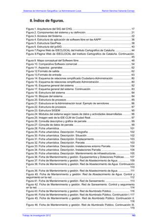 Sistemas de Información Geográfica: La Administración Local. Ramón Sánchez-Valverde Cornejo
8. Índice de figuras.
Figura 1. Arquitectura del SIG del CHG. ................................................................................ 17
Figura 2. Componentes del sistema y su definición. ............................................................. 21
Figura 3. Accesos del Sistema............................................................................................... 22
Figura 4. Estructura de aplicación de software libre en las AAPP. ........................................ 36
Figura 5. Estructura GeoPista................................................................................................ 38
Figura 6. Estructura del gvSIG............................................................................................... 40
Figura 7.Pagina Web de IDECLOCAL del Instituto Cartográfico de Cataluña. ..................... 44
Figura 8.Pagina Web de IDECLOCAL del Instituto Cartográfico de Cataluña. Continuación.
................................................................................................................................................ 45
Figura 9. Mapa conceptual del Software libre........................................................................ 48
Figura 10. Comparativa Software comercial.......................................................................... 54
Figura 11. Aspectos .generales.............................................................................................. 62
Figura 12.Formato de salida. ................................................................................................. 62
Figura 13.Formato de entrada. .............................................................................................. 63
Figura 14. Esquema de relaciones simplificado Ciudadano-Administración......................... 80
Figura 15. Esquema de relaciones simplificado Administración............................................ 80
Figura 16. Esquema general del sistema. ............................................................................. 82
Figura 17. Esquema general del sistema. Continuación. ...................................................... 83
Figura 18. Estructura del sistema. ......................................................................................... 84
Figura 19. Bloques del sistema.............................................................................................. 84
Figura 20. Estructura de procesos......................................................................................... 85
Figura 21. Estructura en la Administración local. Ejemplo de servidores.............................. 86
Figura 22. Estructura de procesos......................................................................................... 87
Figura 23. Estructura SIGEM................................................................................................. 90
Figura 24. Módulos del sistema según bases de datos y actividades desarrolladas............ 96
Figura 25. Imagen web de la IDE-CLM de Ciudad Real........................................................ 97
Figura 26. Consulta descriptiva y gráfica de parcela............................................................. 99
Figura 27. Consulta de datos de parcela. .............................................................................. 99
Figura 28. Ficha urbanística................................................................................................. 101
Figura 29. Ficha urbanística. Descripción. Fotografía. ........................................................ 102
Figura 30. Ficha urbanística. Descripción. Situación........................................................... 102
Figura 31. Ficha urbanística. Descripción. Emplazamiento................................................. 103
Figura 32. Ficha urbanística. Descripción. Parcela. ............................................................ 103
Figura 33. Ficha urbanística. Descripción. Instalaciones entorno Parcela.......................... 104
Figura 34. Ficha urbanística. Descripción. Instalaciones Parcela. ...................................... 104
Figura 35. Ficha urbanística. Descripción. Mantenimiento de infraestructuras................... 105
Figura 36. Ficha de Mantenimiento y gestión. Equipamientos y Dotaciones Públicas........ 107
Figura 37. Ficha de Mantenimiento y gestión. Red de Abastecimiento de Agua. ............... 109
Figura 38. Ficha de Mantenimiento y gestión. Red de Abastecimiento de Agua. Continuación
I............................................................................................................................................. 110
Figura 39. Ficha de Mantenimiento y gestión. Red de Abastecimiento de Agua. ................111
Figura 40. Ficha de Mantenimiento y gestión. Red de Abastecimiento de Agua. Control y
seguimiento en la red........................................................................................................... 112
Figura 41. Ficha de Mantenimiento y gestión. Red de Saneamiento.................................. 113
Figura 42. Ficha de Mantenimiento y gestión. Red de Saneamiento. Control y seguimiento
en la red. .............................................................................................................................. 114
Figura 43. Ficha de Mantenimiento y gestión. Red de Alumbrado Público. ........................ 116
Figura 44. Ficha de Mantenimiento y gestión. Red de Alumbrado Público. Continuación I.117
Figura 45. Ficha de Mantenimiento y gestión. Red de Alumbrado Público. Continuación II.
.............................................................................................................................................. 118
Figura 46. Ficha de Mantenimiento y gestión. Red de Alumbrado Público. Continuación III.
.............................................................................................................................................. 119
Trabajo de Investigación 2012 183
 
