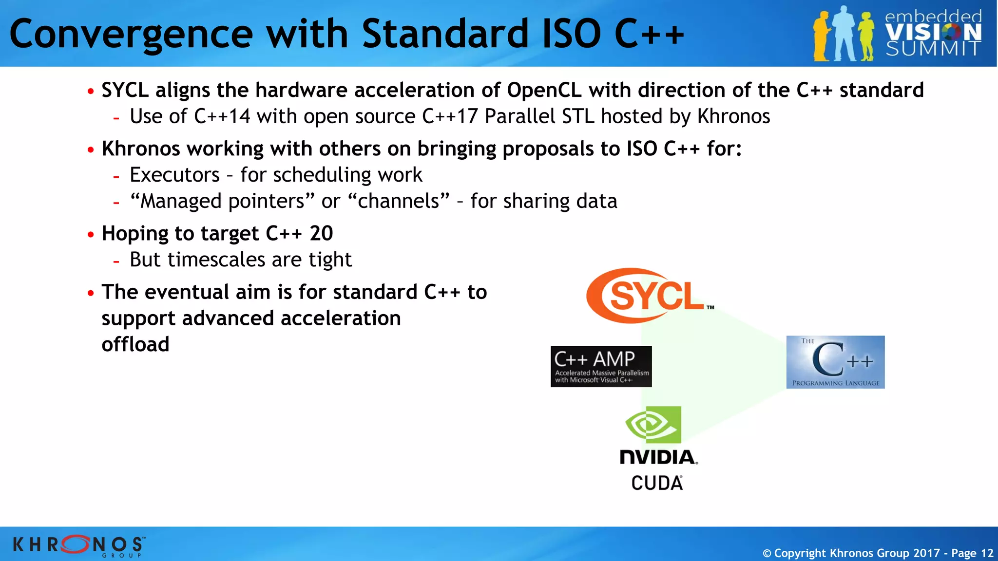 © Copyright Khronos Group 2017 - Page 12© Copyright Khronos Group 2017 - Page 12© Copyright Khronos Group 2017 - Page 12© Copyright Khronos Group 2017 - Page 12
Convergence with Standard ISO C++
• SYCL aligns the hardware acceleration of OpenCL with direction of the C++ standard
- Use of C++14 with open source C++17 Parallel STL hosted by Khronos
• Khronos working with others on bringing proposals to ISO C++ for:
- Executors – for scheduling work
- “Managed pointers” or “channels” – for sharing data
• Hoping to target C++ 20
- But timescales are tight
• The eventual aim is for standard C++ to
support advanced acceleration
offload
 