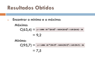 Resultados Obtidos
4.   Encontrar o mínimo e o máximo:
      Máximo:
         C(63,4) =
                  = 9,2
      Mínimo:
         C(95,7) =
                  = 7,5
 