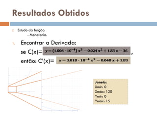 Resultados Obtidos
    Estudo da função:
           - Monotonia.

1.    Encontrar a Derivada:
      se C(x)=                            ,
      então: C’(x)=


                              Janela:
                              Xmin: 0
                              Xmáx: 120
                              Ymin: 0
                              Ymáx: 15
 