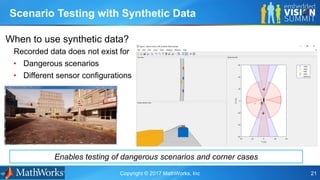 Copyright © 2017 MathWorks, Inc 21
When to use synthetic data?
Recorded data does not exist for
• Dangerous scenarios
• Different sensor configurations
Enables testing of dangerous scenarios and corner cases
Scenario Testing with Synthetic Data
 