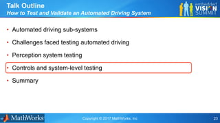 Copyright © 2017 MathWorks, Inc 23
• Automated driving sub-systems
• Challenges faced testing automated driving
• Perception system testing
• Controls and system-level testing
• Summary
Talk Outline
How to Test and Validate an Automated Driving System
 