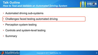 Copyright © 2017 MathWorks, Inc 6
• Automated driving sub-systems
• Challenges faced testing automated driving
• Perception system testing
• Controls and system-level testing
• Summary
Talk Outline
How to Test and Validate an Automated Driving System
 