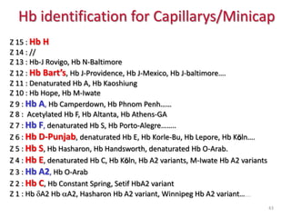 Hb identification for Capillarys/MinicapZ 15 : Hb HZ 14 : //Z 13 : Hb-J Rovigo, Hb N-BaltimoreZ 12 : Hb Bart’s, Hb J-Providence, Hb J-Mexico, Hb J-baltimore….Z 11 : DenaturatedHb A, HbKaoshiungZ 10 : Hb Hope, Hb M-IwateZ 9 : Hb A,HbCamperdown, Hb Phnom Penh……Z 8 :  Acetylated Hb F, HbAltanta, Hb Athens-GAZ 7:Hb F,denaturatedHb S, Hb Porto-Alegre…….. Z 6 : Hb D-Punjab, denaturatedHb E, HbKorle-Bu, HbLepore, Hb Köln….Z 5 : Hb S, HbHasharon, HbHandsworth, denaturatedHb O-Arab.Z 4 : Hb E, denaturatedHb C, Hb Köln, Hb A2 variants, M-Iwate Hb A2 variantsZ 3 : Hb A2, Hb O-ArabZ 2 : Hb C, Hb Constant Spring, Setif HbA2 variantZ 1 : HbdA2 HbaA2, HasharonHb A2 variant, Winnipeg Hb A2 variant……43