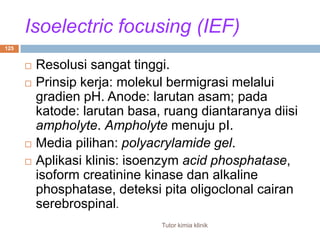 Tutor kimia klinik122Sejarah Elektroforesis1900 	Michaelis - pergerakan ion dalammedanlistrik1937 	Tiselius – moving boundary, larutanbebas.1946 	Consden – silica gel.1950an 	Starch gel, agar gel, celulose acetate, Polyacrylamide gel, immunoelectrophoresis.