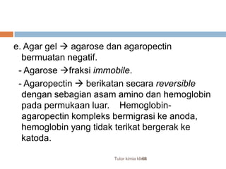 68e. Agar gel agarosedanagaropectinbermuatannegatif.  - Agarosefraksiimmobile.  - Agaropectinberikatansecarareversibledengansebagianasam amino dan hemoglobin padapermukaanluar.    Hemoglobin-agaropectinkompleksbermigrasikeanoda, hemoglobin yang tidakterikatbergerakkekatoda.Tutor kimia klinik