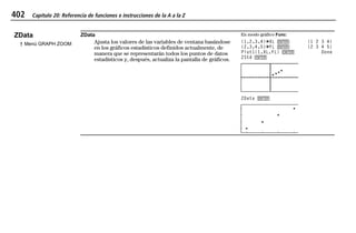 402 Capítulo 20: Referencia de funciones e instrucciones de la A a la Z
20ATOZEU.DOC MENDEZ TRADUCCIONES, S.A. Revised: 07/10/97 5:43 PM Printed: 10/10/97 3:57 PM Page 402 of 128
ZData
† Menú GRAPH ZOOM
ZData
Ajusta los valores de las variables de ventana basándose
en los gráficos estadísticos definidos actualmente, de
manera que se representarán todos los puntos de datos
estadísticos y, después, actualiza la pantalla de gráficos.
En modo gráfico Func:
{1,2,3,4}¶XL b {1 2 3 4}
{2,3,4,5}¶YL b {2 3 4 5}
Plot1(1,XL,YL) b Done
ZStd b
ZData b
 