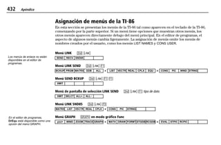 432 Apéndice
99APPX.DOC Texas Instruments Inc Revised: 10/13/97 11:56 AM Printed: 10/13/97 11:56 AM Page 432 of 2499APPX.DOC Texas Instruments Inc Revised: 10/13/97 11:56 AM Printed: 10/13/97 11:56 AM Page 432 of 2499APPX.DOC Texas Instruments Inc Revised: 10/13/97 11:56 AM Printed: 10/13/97 11:56 AM Page 432 of 24
Asignación de menús de la TI-86
En esta sección se presentan los menús de la TI-86 tal como aparecen en el teclado de la TI-86,
comenzando por la parte superior. Si un menú tiene opciones que muestran otros menús, los
otros menús aparecen directamente debajo del menú principal. En el editor de programas, el
aspecto de algunos menús cambia ligeramente. La asignación de menús omite los menús de
nombres creados por el usuario, como los menús LIST NAMES y CONS USER.
Menú LINK - o
SEND RECV SND85
Menú LINK SEND - o &
BCKUP PRGM MATRX GDB ALL 4 LIST VECTR REAL CPLX EQU 4 CONS PIC WIND STRNG
Menú SEND BCKUP - o & &
XMIT
Menú de pantalla de selección LINK SEND - o & tipo de dato
XMIT SELCT ALL+ ALLN
Menú LINK SND85 - o (
MATRX LIST VECTR REAL CPLX 4 CONS PIC STRNG
Menú GRAPH 6 en modo gráfico Func
y(x)= WIND ZOOM TRACE GRAPH 4 MATH DRAW FORMT STGDB RCGDB 4 EVAL STPIC RCPIC
Los menús de enlace no están
disponibles en el editor de
programas.
En el editor de programas,
DrEqu está disponible como una
opción del menú GRAPH.
 