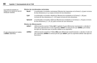 40 Capítulo 1: Funcionamiento de la TI-86
01OPER.DOC Operating the TI-86 MENDEZ TRADUCCIONES, S.A. Revised: 19/06/97 15:33 Printed: 23/06/97 16:32 Page 40 of 2401OPER.DOC Operating the TI-86 MENDEZ TRADUCCIONES, S.A. Revised: 19/06/97 15:33 Printed: 23/06/97 16:32 Page 40 of 24
Modos de coordenadas vectoriales
RectV (coordenadas vectoriales cartesianas) Muestra las respuestas en la forma ãx yä para vectores
de dos elementos y ãx y zä para vectores de tres elementos
CylV (coordenadas vectoriales cilíndricas) Muestra los resultados en la forma ãr ±qä para
vectores de dos elementos y ãr ±q zä para vectores de tres elementos
SphereV (coordenadas vectoriales esféricas) Muestra los resultados en la forma ãr ± qä para vectores
de dos elementos y ãr ±q ±fä para vectores de tres elementos
Modos de diferenciación
dxDer1 (diferenciación exacta) Utiliza der1 (capítulo 3) para diferenciar exactamente y calcular el
valor para cada función en una expresión (dxDer1 es más preciso que dxNDer, pero limita
los tipos de funciones que se pueden utilizar en la expresión)
dxNDer (diferenciación numérica) Utiliza nDer para diferenciar numéricamente y calcular el valor de
una expresión (dxNDer es menos preciso que dxDer1, pero la expresión admite más tipos de
funciones)
Los modos de vectores no
influyen en la manera en que se
introducen vectores.
El valor almacenado en d afecta
a dxNDer (Apéndice).
 