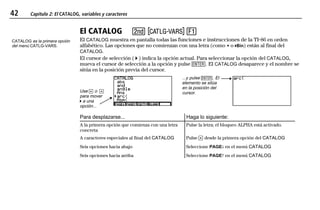 42 Capítulo 2: El CATALOG, variables y caracteres
02CATVAR.DOC 1 Texas Instruments Inc Revised: 19/06/97 15:33 Printed: 23/06/97 14:18 Page 42 of 1202CATVAR.DOC 1 Texas Instruments Inc Revised: 19/06/97 15:33 Printed: 23/06/97 14:18 Page 42 of 12
El CATALOG - w &
El CATALOG muestra en pantalla todas las funciones e instrucciones de la TI-86 en orden
alfabético. Las opciones que no comienzan con una letra (como + o 4Bin) están al final del
CATALOG.
El cursor de selección ( 4 ) indica la opción actual. Para seleccionar la opción del CATALOG,
mueva el cursor de selección a la opción y pulse b. El CATALOG desaparece y el nombre se
sitúa en la posición previa del cursor.
Use # o $
para mover
4 a una
opción...
...y pulse b. El
elemento se sitúa
en la posición del
cursor.
Para desplazarse... Haga lo siguiente:
A la primera opción que comienza con una letra
concreta
Pulse la letra; el bloqueo ALPHA está activado.
A caracteres especiales al final del CATALOG Pulse $ desde la primera opción del CATALOG
Seis opciones hacia abajo Seleccione PAGE$ en el menú CATALOG
Seis opciones hacia arriba Seleccione PAGE# en el menú CATALOG
CATALOG es la primera opción
del menú CATLG-VARS.
 