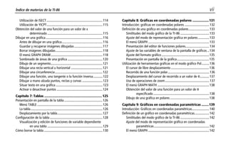 Índice de materias de la TI-86 vii
$$TOC.DOC 1 Texas Instruments Revised: 02/01/98 11:59 AM Printed: 07/20/98 9:37 AM Page vii of 10
Utilización de ISECT.................................................................. 114
Utilización de YICPT.................................................................. 115
Obtención del valor de una función para un valor de x
determinado ................................................................. 115
Dibujar en una gráfica................................................................... 116
Antes de dibujar en una gráfica................................................ 116
Guardar y recuperar imágenes dibujadas ................................. 117
Borrar imágenes dibujadas....................................................... 118
El menú GRAPH DRAW.............................................................118
Sombreado de áreas de una gráfica ......................................... 120
Dibujo de un segmento.............................................................121
Dibujar una recta vertical u horizontal ..................................... 121
Dibujar una circunferencia........................................................122
Dibujar una función, una tangente o la función inversa........... 122
Dibujar a mano alzada puntos, rectas y curvas ........................123
Situar texto en una gráfica .......................................................123
Activar o desactivar puntos ...................................................... 124
Capítulo 7: Tablas ............................................................... 125
Presentación en pantalla de la tabla ............................................. 126
Menú TABLE ............................................................................. 126
La tabla..................................................................................... 126
Desplazamiento por la tabla..................................................... 127
Configuración de la tabla..............................................................128
Visualización y edición de funciones de variable dependiente
en una tabla ................................................................. 129
Cómo borrar la tabla ..................................................................... 130
Capítulo 8: Gráficas en coordenadas polares ..................131
Introducción: gráficas en coordenadas polares .............................132
Definición de una gráfica en coordenadas polares........................133
Similitudes del modo gráfico de la TI-86 ..................................133
Ajuste del modo de representación gráfica en polares.............133
El menú GRAPH ........................................................................133
Presentación del editor de funciones polares............................134
Ajuste de las variables de ventana de la pantalla de gráficos ..134
Ajuste del formato gráfico ........................................................135
Presentación en pantalla de la gráfica......................................135
Utilización de herramientas gráficas en el modo gráfico Pol.........136
El cursor de libre desplazamiento .............................................136
Recorrido de una función polar.................................................136
Desplazamiento del cursor de recorrido a un valor de q...........137
Uso de operaciones de zoom....................................................137
El menú GRAPH MATH .............................................................138
Obtención del valor de una función para un valor de q
especificado..................................................................138
Dibujo de una gráfica en polares ..............................................138
Capítulo 9: Gráficos en coordenadas paramétricas ........139
Introducción: Gráficos en coordenadas paramétricas....................140
Definición de un gráfico en coordenadas paramétricas.................142
Similitudes del modo gráfico de la TI-86 ..................................142
Ajuste del modo de representación gráfica en coordenadas
paramétricas.................................................................142
El menú GRAPH ........................................................................142
 