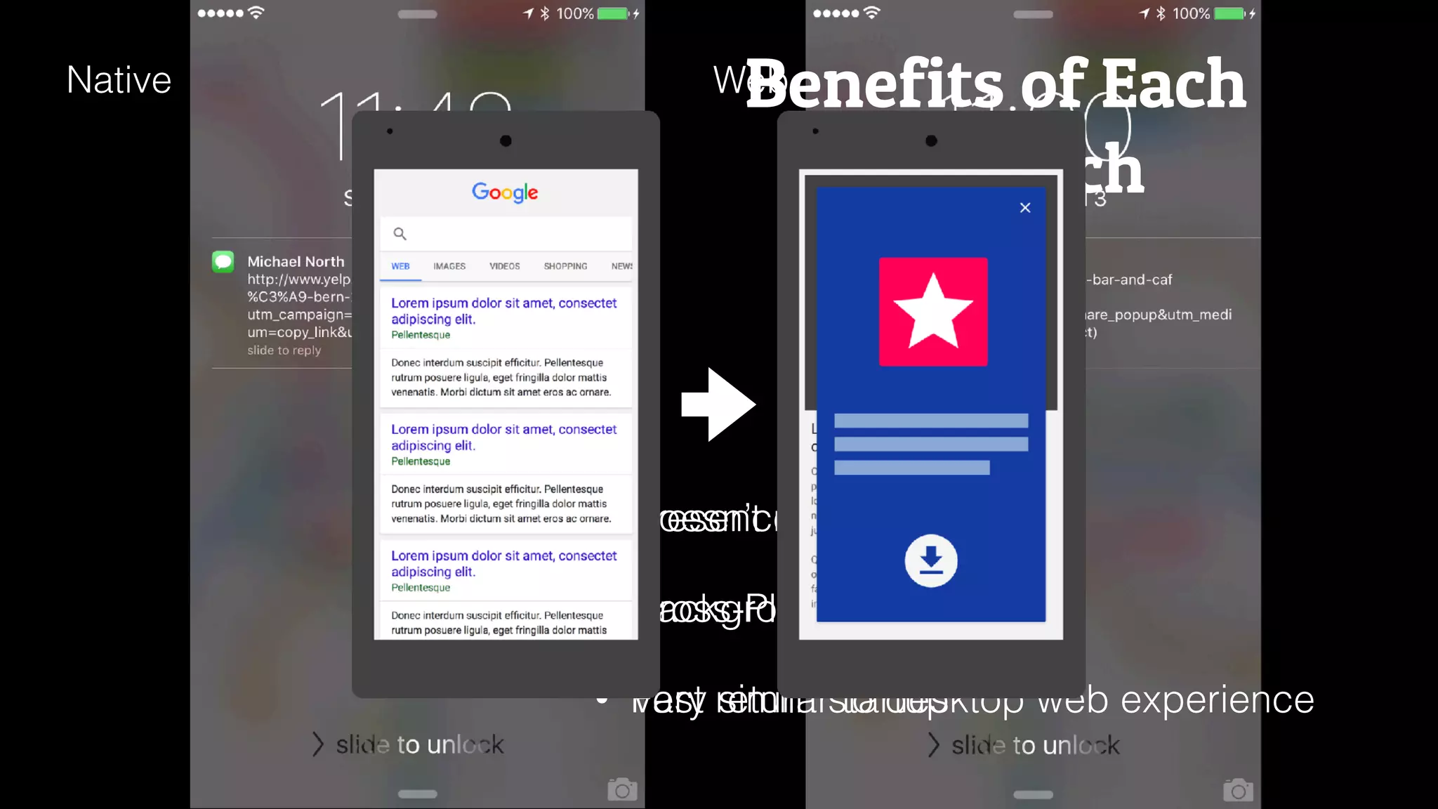 Benefits of Each
Approach
WebNative
• Presence on home screen
• Background functionality
• Fast return startup
• Doesn’t require install
• Cross-Platform
• Very similar to desktop web experience
 