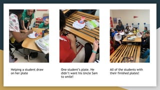 Helping a student draw
on her plate
One student’s plate. He
didn’t want his Uncle Sam
to smile!
All of the students with
their finished plates!
 