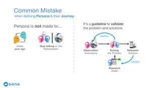 Persona is not made to…
Stop talking w/ the
Stakeholders
Observation
(Interviews)
Inflate
your ego
It’s a guideline to validate
the problem and solutions
Research
(Data)
Solving
the Problem
validate
Released
Solution
validate
Common Mistake
when defining Persona & their Journey
 