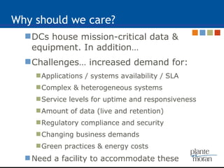 Why should we care? DCs house mission-critical data & equipment. In addition… Challenges… increased demand for: Applications / systems availability / SLA Complex & heterogeneous systems Service levels for uptime and responsiveness Amount of data (live and retention) Regulatory compliance and security Changing business demands Green practices & energy costs Need a facility to accommodate these 