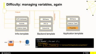 # TIAD@ tiadparis
Difficulty: managing variables, again
12
VPC Addresses
Subnets
Instance types
Infra template Backend template
VPC Id
Subnet Ids
DB Name
Outputs
Application template
Instance Types
DB Name
WEB
DynamoDB
?
"UserData” :
{ "Fn::Base64" : { "Fn::Join" : ["", [
"#!/bin/bashn",
"echo ", { "Ref" : "Properties" } ," >> /var/www/html/application.propertiesn”
]]}}
Properties
Properties
 